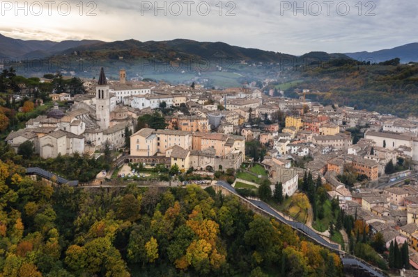 A view of the historic city center of Spoleto with the cathedral