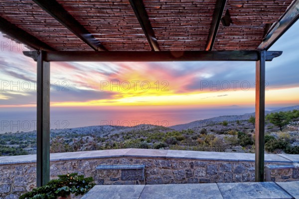 The sunset from the medieval mastic village of Avgonyma on the island of Chios, Greece, Europe