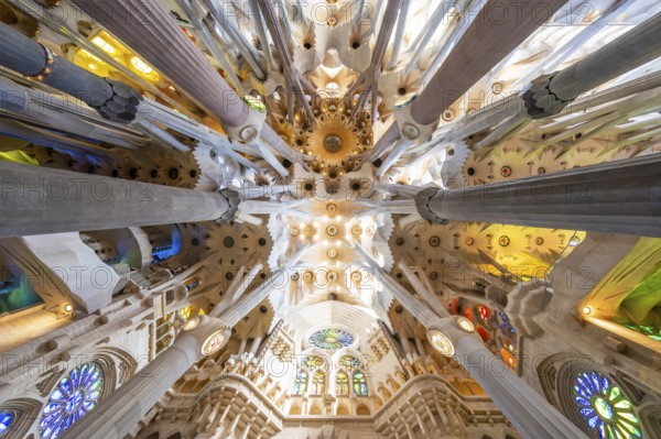 Barcelona, Spain, April 7, 2023: Interior of La Sagrada Familia cathedral, designed by Gaudi, it is being built since 1882. graphy, Europe