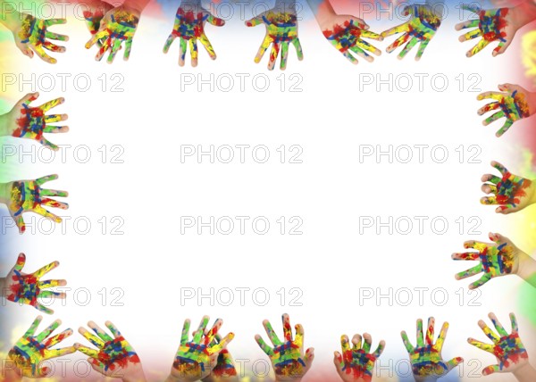 Children's hands painted with colorful paint. Infant border frame