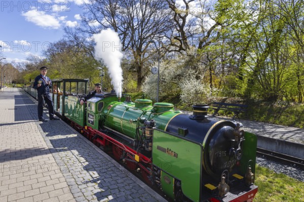 The popular small railway in Dresden's Great Garden has been in operation for 75 years. The steam locomotives Moritz and Lisa are even 100 years old. In the anniversary year, there is a children's festival and a steam locomotive festival. The renovated stations bring the history of the park railway to life and show the valuable work done with children and young people, Dresden, Saxony, Germany, Europe