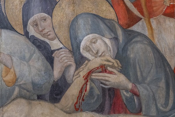 Virgin Mary holding the hand of Jesus, lament over the dead Jesus, Lluc Borrassa, 1430-1434, tempera on wood, Roser Vell church, Majorca, Balearic Islands, Spain, Europe
