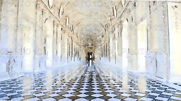 Creative illustration of Reggia di Venaria Reale gallery, Italy. Luxury marbles in baroque Royal Palace