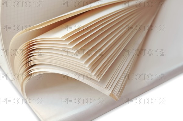 Semi-open General notebook, open notebook with white sheets, pages of a thick notebook