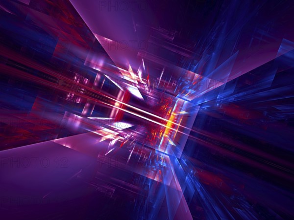 Abstract blue and purple computer-generated 3d illustration. Neon glowing walls of hall or portal. Sci fi, big data or vr background. For covers, posters, banners