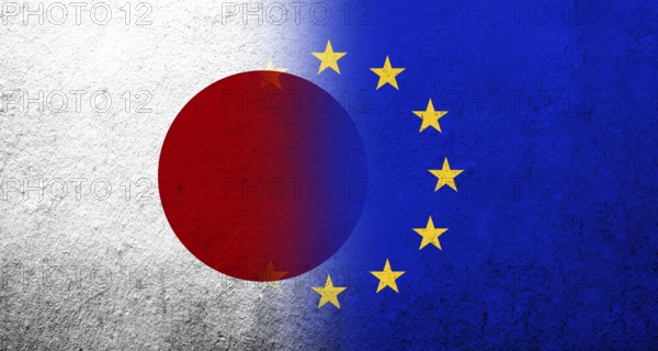 Flag of the European Union with National flag of Japan. Grunge background