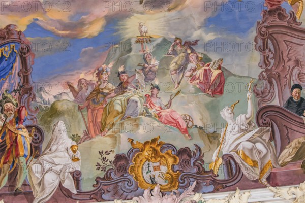 WIBLINGEN, BAVARIA, GERMANY, JUNE 08, 2022 : Rococo and baroque decors of the library in Wiblingen abbey, near Ulm city, by architects Christian and Johann Wiedemann, 18th century