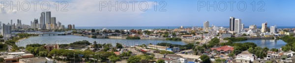 Panorama of old and new city Cartagena with sea on a sunny day from Castle San Felipe de Barajas, Colombia, South America