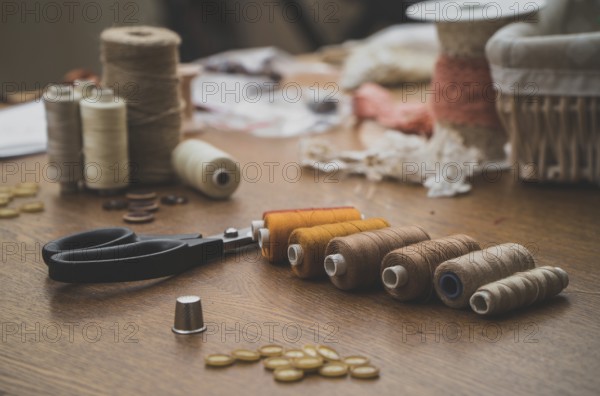 Sewing concept. Scissors, threads and buttons