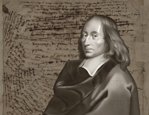 Portrait of Blaise Pascal with his handwritten manuscript, Pensées de Pascal, thoughts on religion, 1670