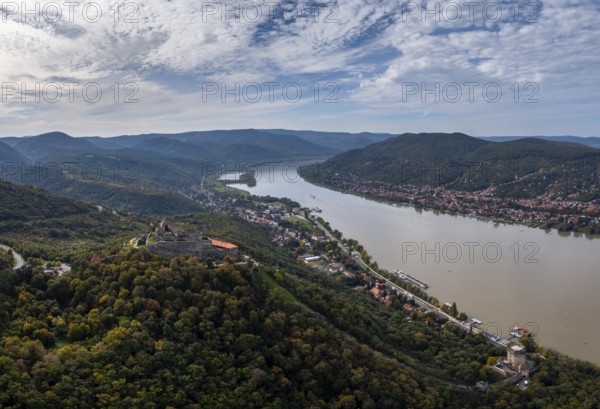 Visegrad, Hungary, 6 October, 2022: landscape view of the Danube Bend in Visegrad with the historic Visegrad Castle on the hilltop, Europe