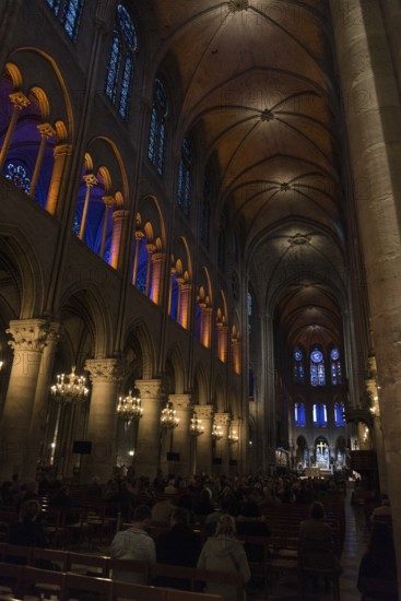 PARIS, FRANCE, MAY 25, 2018, Artistic light installation inside the Notre Dame Cathedral in Paris before the fire, France, Europe