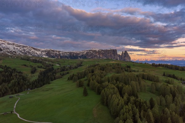 Panoramic view from the Seiser Alm to the Dolomites in Italy, drone shot