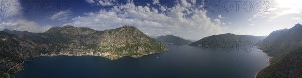 Aerial panorama view of Kotor bay (Boka Kotorska) and mountains in Montenegro