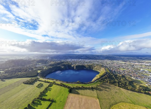 The rural town of Mt Gambier and its famous Blue Lake crater on a sunny autumn day in South Australia, Australia, Oceania