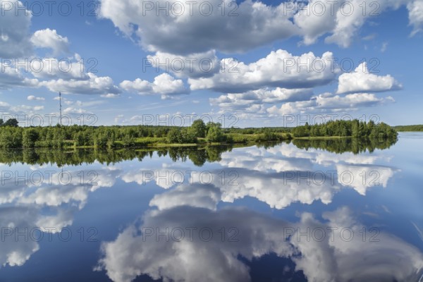 Landscape with a symmetrical reflection on the Vyg river (part of the White Sea-Baltic Canal), Russia, Europe