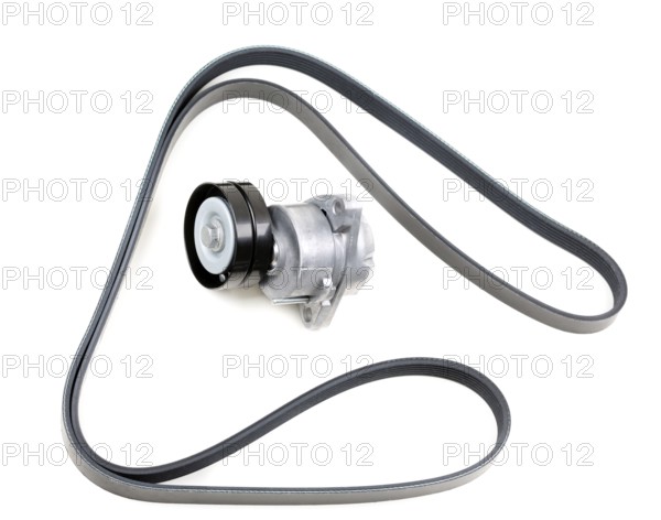 Set, the serpentine belt and tensioner pulley. Isolate on white