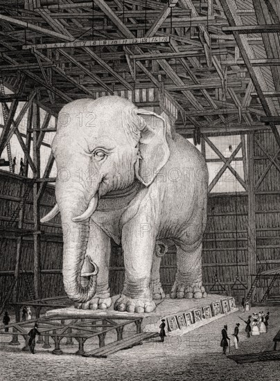 The Elephant of the Bastille, Paris, antique steel engraved print, 1831