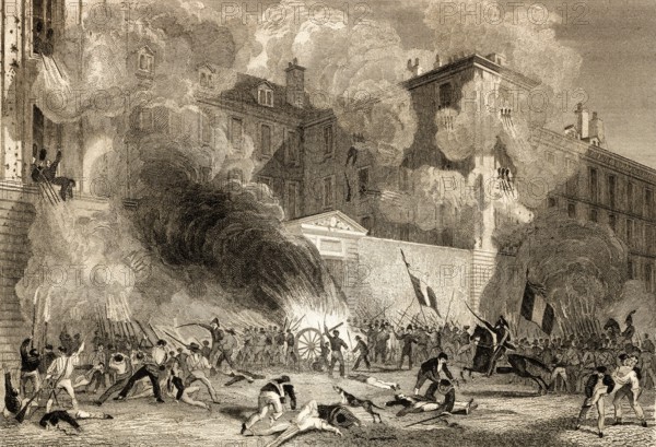 Attack to caserne Babylone of the Swiss Guards, rue de Babylone, Paris, antique steel engraved print, 1831