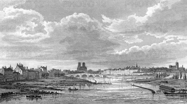 Panorama of Paris with Notre-Dame de Paris, antique steel engraved print, 1831
