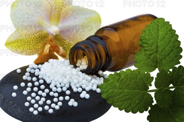 Homeopathy. Globules as alternative medicine. Lying on a stone, Homeopathy. Lying on a stone. Austria
