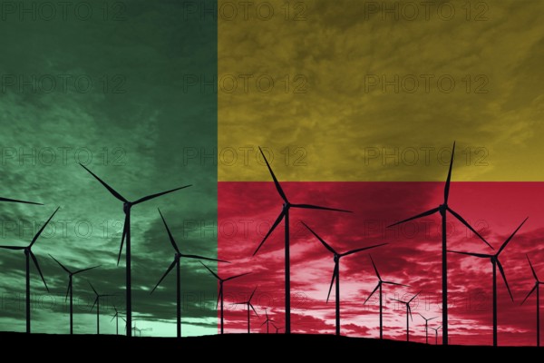 Benin flag wind farm at sunset, sustainable development, renewable energy Wind Turbines
