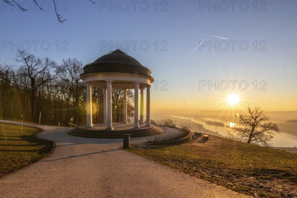 Beautiful temple in a landscape shot. Sunrise on a winter morning. Beautiful view along the Rhine at the Niederwaldtempel, Niederwalddenkmal, Hesse, Germany, Europe