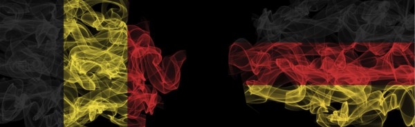 Flags of Belgium and Germany on Black background, Belgium vs Germany Smoke Flags