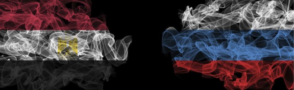 Flags of Egypt and Russia on Black background, Egypt vs Russia Smoke Flags