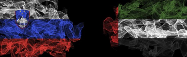 Flags of Slovenia and UAE on Black background, Slovenia vs United Arab Emirates Smoke Flags