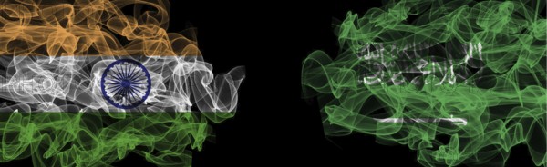 Flags of India and Saudi Arabia on Black background, India vs Saudi Arabia Smoke Flags