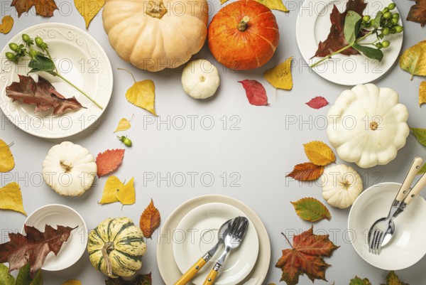 Thanksgiving festive table composition with different colourful pumpkins, autumn leaves, empty plates with cutlery on light grey background table ready for party and celebration. Space for text, food photography, food photography
