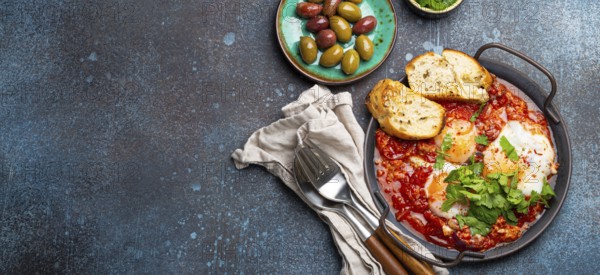 Middle Eastern and Maghrebi healthy dish Shakshouka made of eggs and tomato sauce served in pan with toasts, fresh cilantro and olives on rustic concrete background table from above, space for text, food photography, food photography