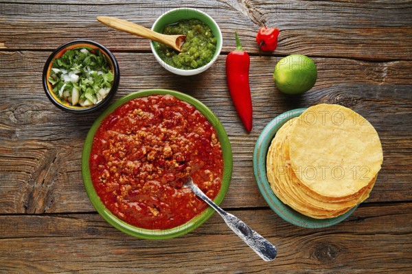 Chili with meat platillo Mexican food with sauces