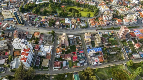 La Paz, Bolivia, aerial view flying over the dense, urban cityscape. San Miguel, southern distric. South America, South America