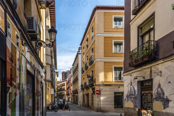 Madrid, Spain, May 8, 2021: Traditional street in the quarter of Las Letras in Central Madrid, Spain, Europe