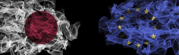 Flags of Japan and EU on Black background, Japan vs Europe Union Smoke Flags