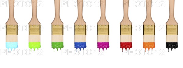 Colourful dropping set of paint brushes in a row isolated on white background