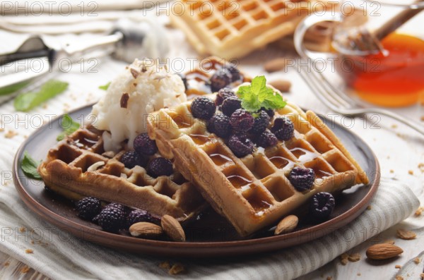 Homemade crispy Belgian waffles served with blackberries honey and icecream