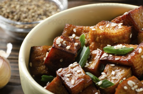 Close Up view at crispy fried tofu pieces with chives and sesame in clay dish