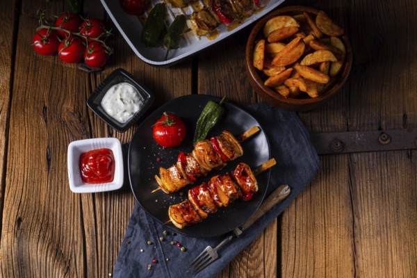 Marinated kebabs with meat and vegetables