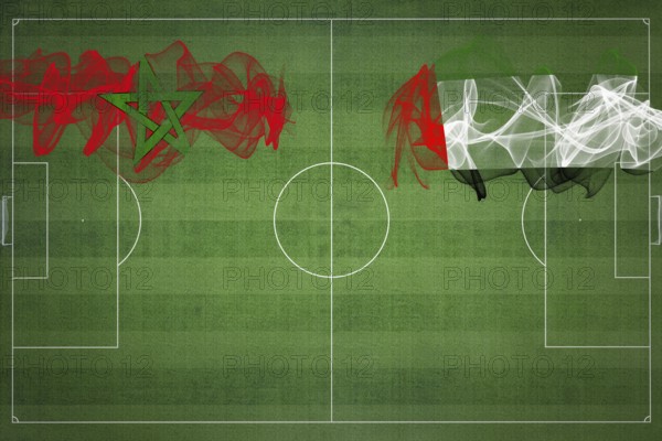 Morocco vs United Arab Emirates Soccer Match, national colors, national flags, soccer field, football game, Competition concept, Copy space
