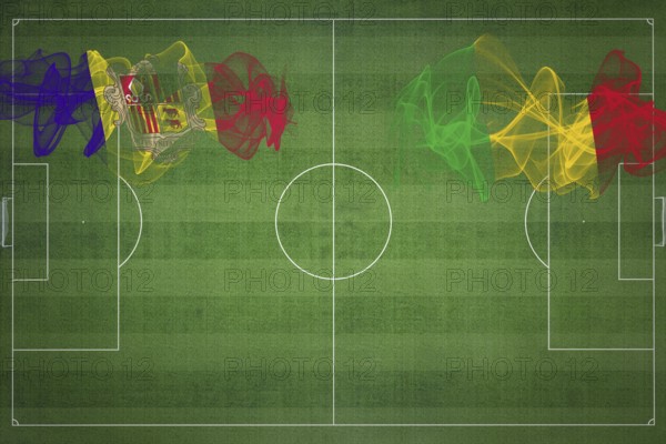 Andorra vs Mali Soccer Match, national colors, national flags, soccer field, football game, Competition concept, Copy space
