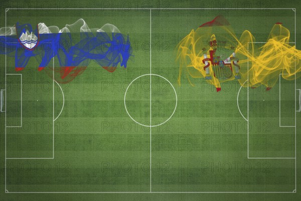 Slovenia vs Spain Soccer Match, national colors, national flags, soccer field, football game, Competition concept, Copy space