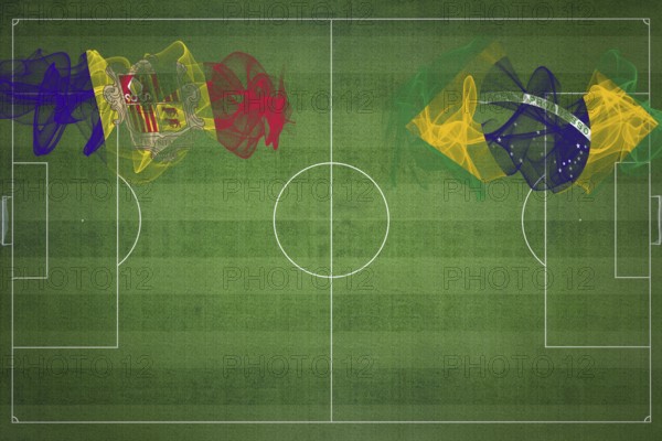 Andorra vs Brazil Soccer Match, national colors, national flags, soccer field, football game, Competition concept, Copy space