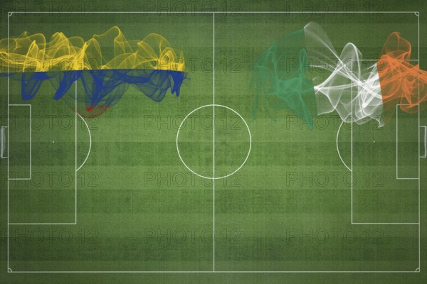 Colombia vs Ireland Soccer Match, national colors, national flags, soccer field, football game, Competition concept, Copy space