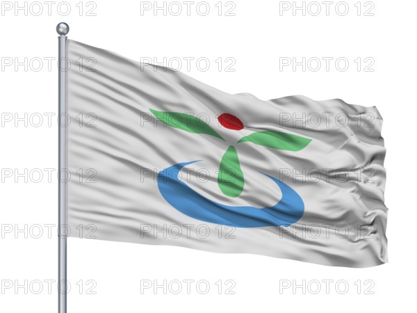 Koga City Flag On Flagpole, Country Japan, Ibaraki Prefecture, Isolated On White Background