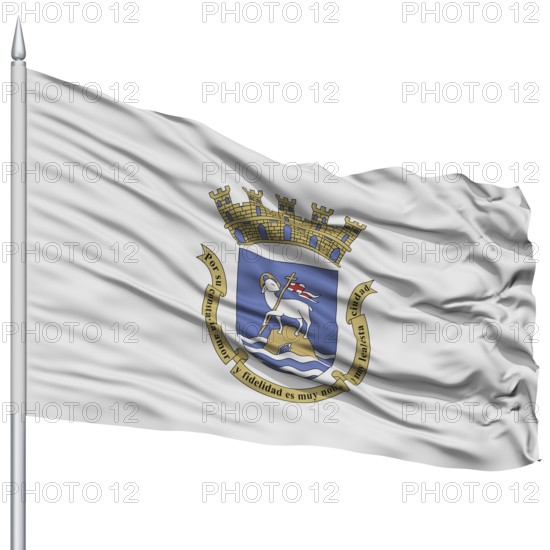San Juan Flag on Flagpole, Capital of Puerto Rico State, Flying in the Wind, Isolated on White Background