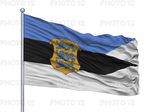 Estonia Naval Ensign Flag On Flagpole, Isolated On White Background