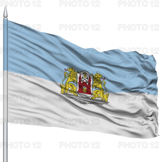 Riga City Flag on Flagpole, Capital City of Latvia, Flying in the Wind, Isolated on White Background
